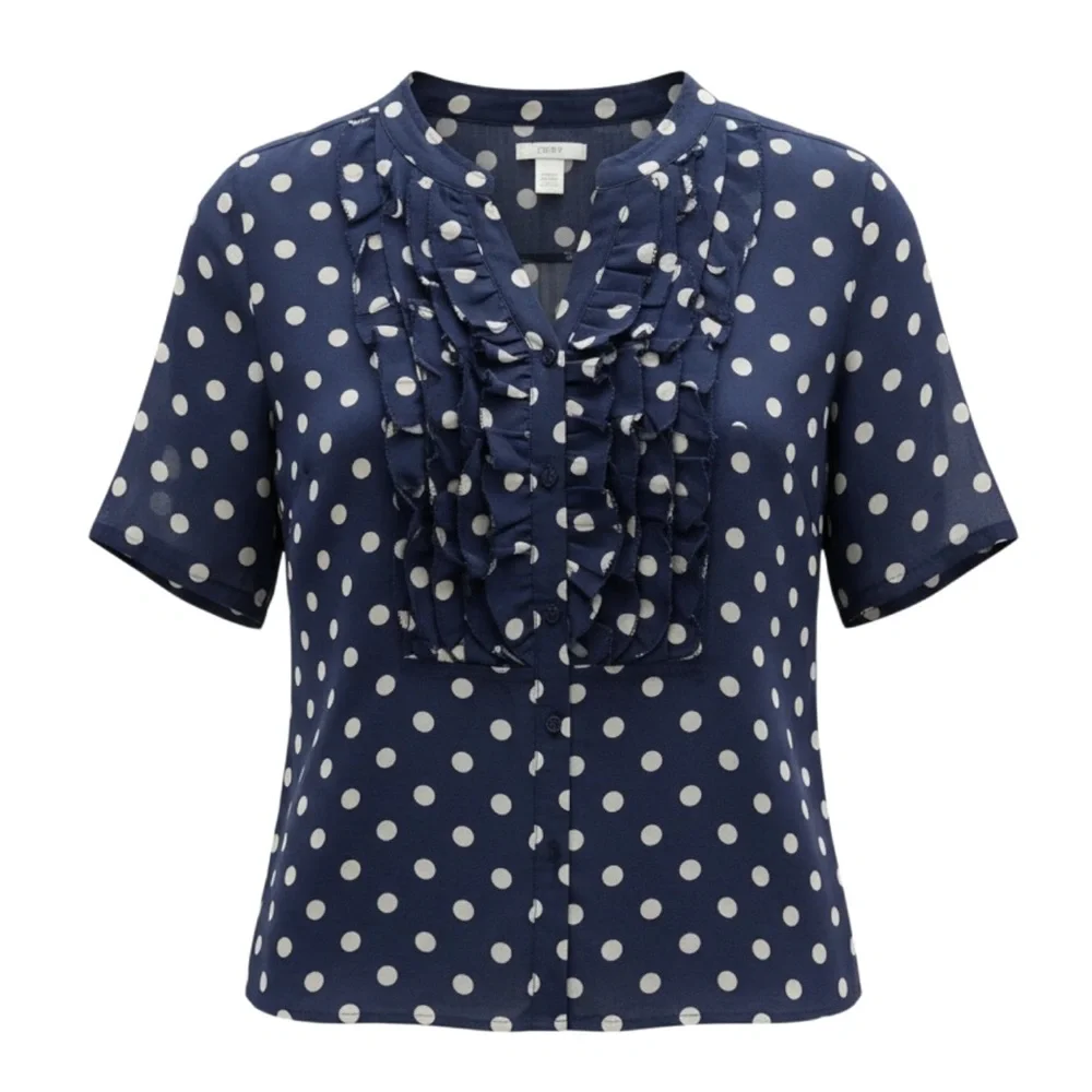 J. CREW 100% Silk Navy and Tan Sheer Polka Dot Blouse, Size 6 Like New